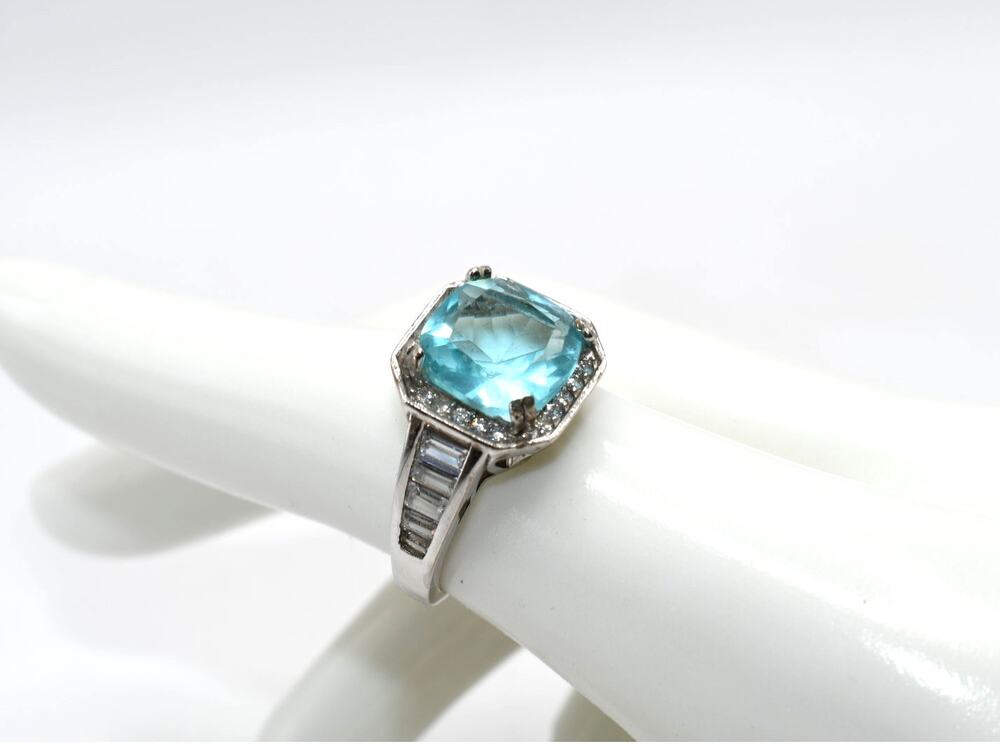 Vintage 925 Silver Aquamarine CZ Ring Baguette Sides Size 7.25